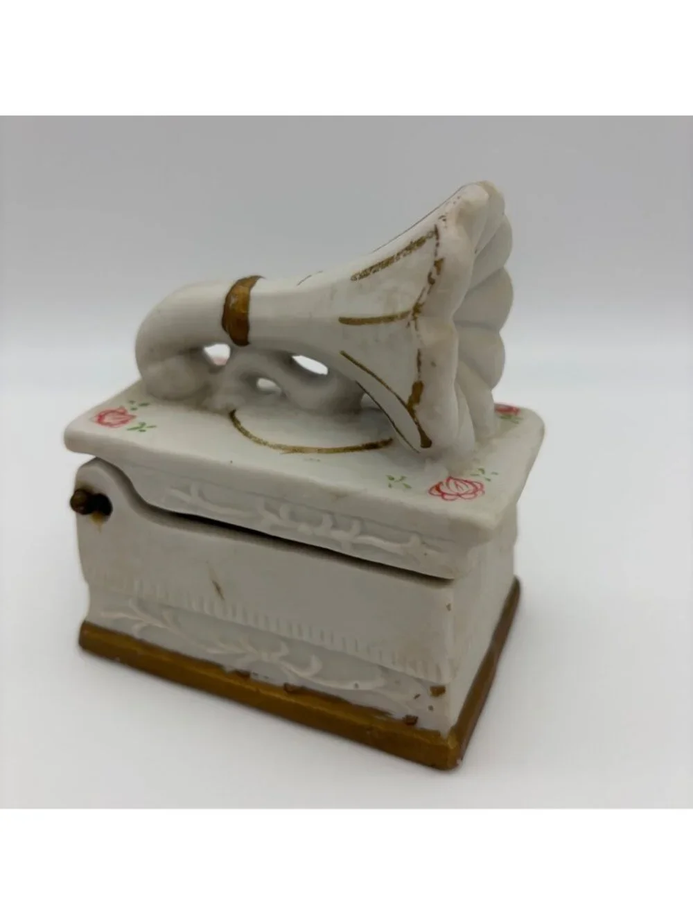 Vintage Bisque Porcelain Gramophone Phonograph Trinket Jewelry Box Applied Roses